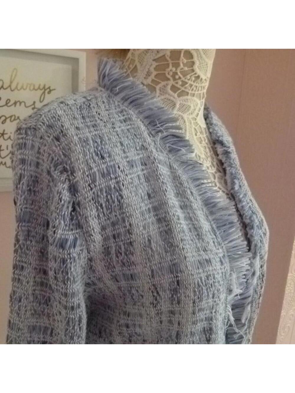 White House Black Market Fringe Sweater Jacket baby blue white Small - Picture 6 of 9